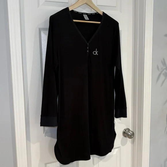 Calvin Klein Black Long Sleeve Ribbed CK Logo Sleep Shirt Nightgown Women Sz XL - Picture 3 of 8